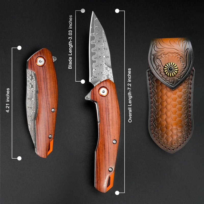Zingbee Damascus Pocket Knife for Men Women 3.03" Damascus Blade Folding Knife for EDC Outdoor Fishing Camping Hiking Wooden Handle Pocket Knives with Leather Sheath - Image 5